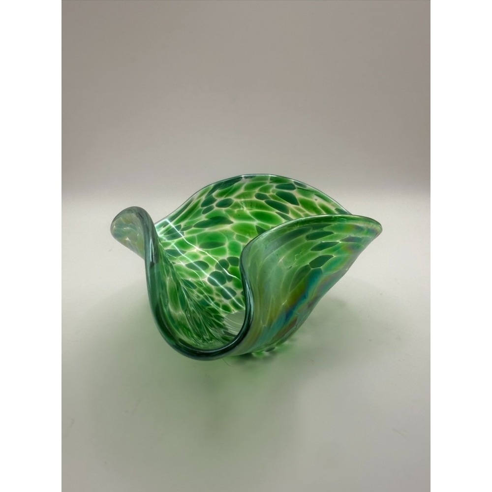 Green Iridescent Art Glass Bowl Small Freeform Decorative Glass Accent Dish 4"